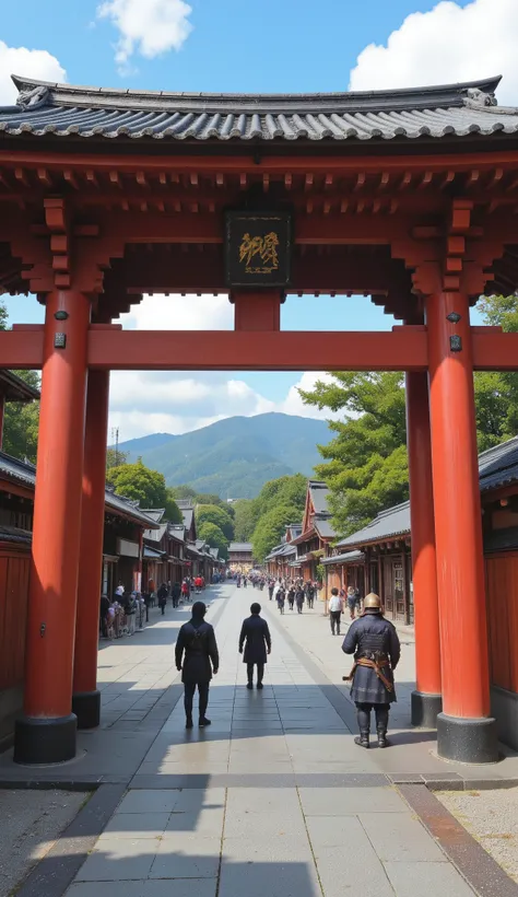 I'm imagining、when Oda Nobunaga was alive(Kyoto in the Sengoku Period、Honnoji Temple)there is a moat along the road、お堀の向こう側にはRampartsがあり、and the castle gate was open on the other side of the moat so you could look inside、there were two samurai wearing armo...
