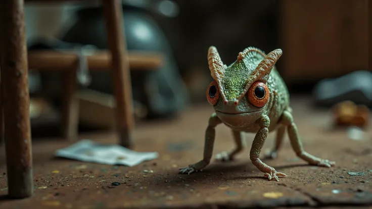 Illustrate a cinematic depiction of small-sized extraterrestrial creatures living undetected among humans. These alien beings possess unique, chameleon-like features, allowing them to camouflage seamlessly into everyday environments—hiding in plain sight a...