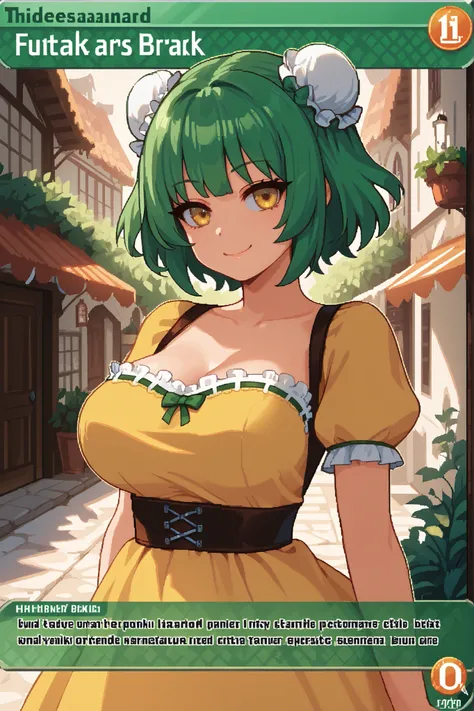 score_9, score_8_up, score_7_up, source_anime, solo, pixel art, tr4dingcard, card (medium), english_text, N, trading_card, white_trade_card_frames, kemonomimi, 1girl, solo BREAK
Large breasts, green hair BREAK short hair, double bun, (bun cover), yellow ...