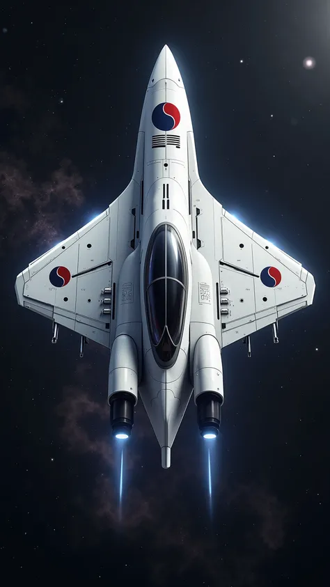 A futuristic space fighter jet flying in deep space, featuring a sleek white metallic body with a single large red and blue Taegeuk symbol prominently displayed on the top. The rest of the ship is clean and minimal, with no additional markings or patterns....