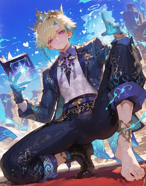 young slim athletic manly boy, smooth glowing fair skin, unique messy layered hair split into pure white with neatly trimmed undercut, side-swept bangs partly covering one eye, sharp dreamy eyes matching the colors of his hair, wearing glossy combat holog...