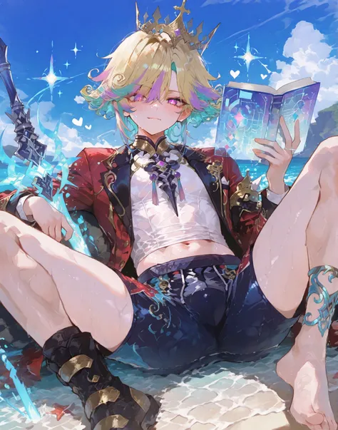 young slim athletic manly boy, smooth glowing fair skin, unique messy layered messy curly hair split into pure white with neatly trimmed undercut, side-swept bangs partly covering one eye, sharp dreamy eyes matching the colors of his hair, wearing glossy ...