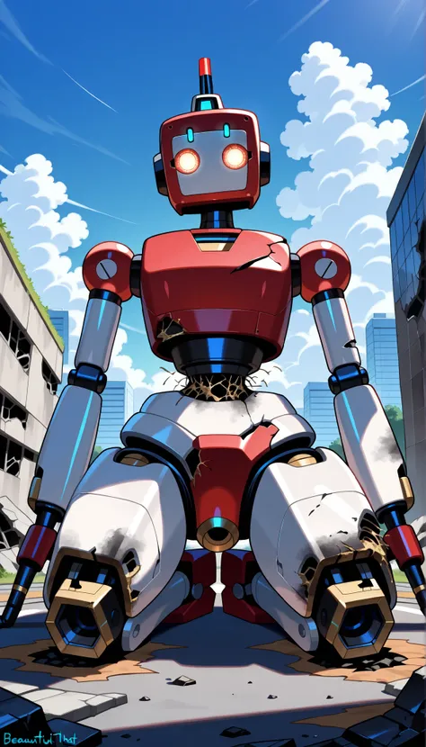 (damage robot:1.5), (A beautiful girl busty robot that is severely damaged and tattered and full of holes:1.5)