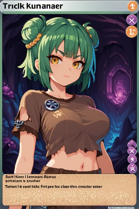score_9, score_8_up, score_7_up, source_anime, solo, pixel art, tr4dingcard, card (medium), english_text, N, trading_card, white_trade_card_frames, kemonomimi, 1girl, solo BREAK 

Large breasts, green hair BREAK short hair, double bun, (bun cover), yellow ...