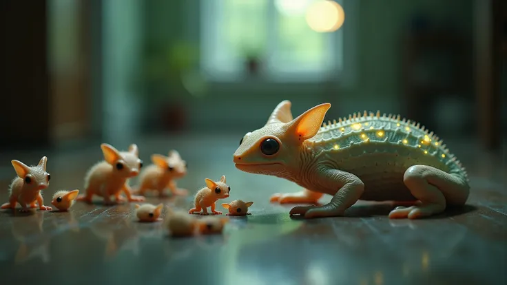 Illustrate a cinematic depiction of small-sized extraterrestrial creatures living undetected among humans. These alien beings possess unique, chameleon-like features, allowing them to camouflage seamlessly into everyday environments—hiding in plain sight a...