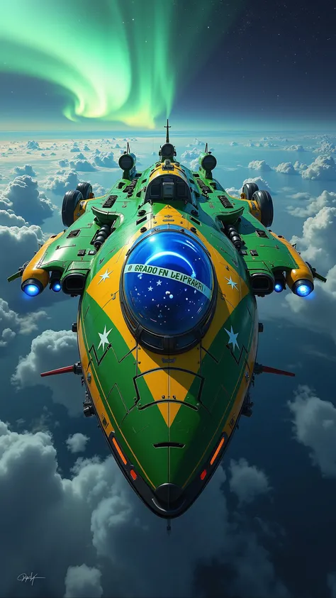 A vibrant Brazilian exploration vessel with a dynamic green hull, yellow energy cores, and a glowing blue spherical cockpit at its center—symbolizing the flag. Around the blue dome, white stars gently orbit like in the Ordem e Progresso banner. The ship so...