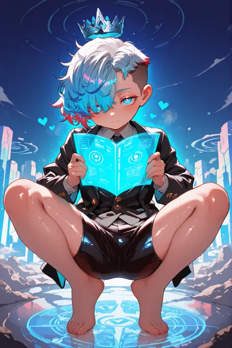 young slim athletic small boy focused very toddler young r old boy, smooth glowing fair skin, unique messy layered messy hair split into pure white with neatly trimmed undercut, side-swept bangs partly covering one eye, sharp dreamy eyes matching the col...
