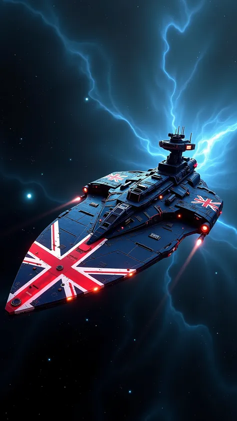 A British galactic flagship with a dark blue base, overlaid with glowing red and white cross patterns in the shape of the Union Jack across its wings and deck. It moves regally through a dense starfield and glowing blue nebula, evoking a sense of royal pow...