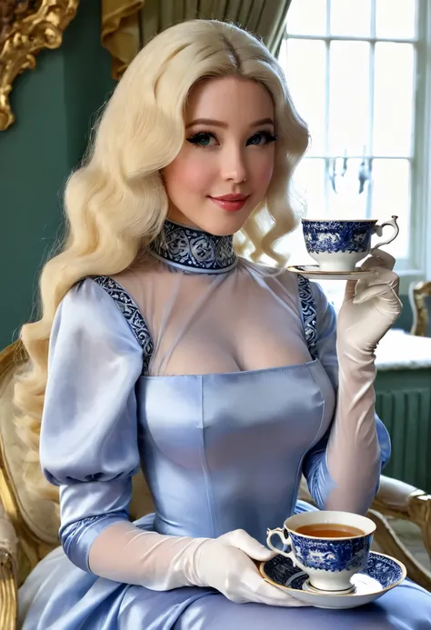 A heavenly and celestial and insanely and madly beautiful and elegant dominant royal sensual and sexy bimbo mistress in a sexy tight regal and very glossy fancy and long victorian high neck vintage English dress with long puffed shoulder sleeves, Belle Del...