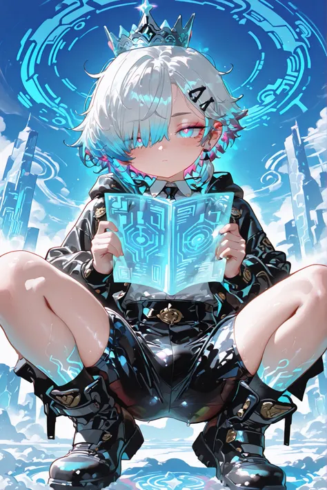 young slim athletic small boy focused very toddler young r old boy, smooth glowing fair skin, unique messy layered messy hair split into pure white with neatly trimmed undercut, side-swept bangs partly covering one eye, sharp dreamy eyes matching the col...