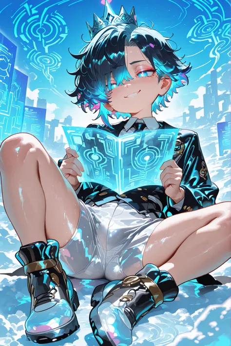young slim athletic  small boy focused very toddler young  old boy, smooth glowing fair skin, unique messy layered messy  hair split into pure white with neatly trimmed undercut, side-swept bangs partly covering one eye, sharp dreamy eyes matching the colo...