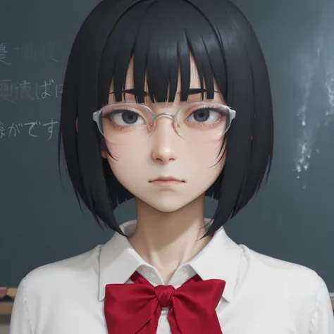 Portrait、pretty girl middle school student　short bob hair covering a waterfall　black hair　The bangs are straight　eyebrows are hidden by bangs　sharp eyebrows　Rim Glasses 　Narrow, sharp eyes　COLD EXPRESSION　white shirt　big red ribbon on chest　real　detailed f...