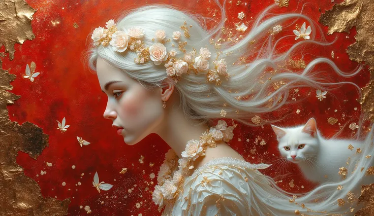 a girl in profile using a lei of white and gold flowers, her face is sweet and delicate, the wind makes her white hair fly and confuse with the small flowers of the lei, her dress fly with the wind too, and by her side is a small white cat, color palette: ...