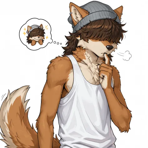 Masterpiece, best quality, absurd res, newest, anthro, solo, an anthro furry male wolf, masculine male, brown fur, shaggy brown hair, hair over eyes, messy hair, messy bangs, fluffy fur, wearing only grey beanie, countershading, black nose, ear piercings,...