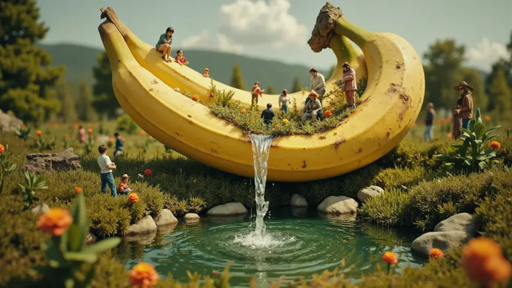 masterpiece, award winning, surreal digital artwork featuring a bunch of bananas, with the top half positioned above the bottom, creating a miniature landscape. Inside the bottom half, a small pond is formed, with water cascading from the top half like a w...