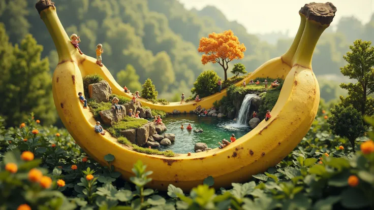 masterpiece, award winning, surreal digital artwork featuring a bunch of bananas, with the top half positioned above the bottom, creating a miniature landscape. Inside the bottom half, a small pond is formed, with water cascading from the top half like a w...