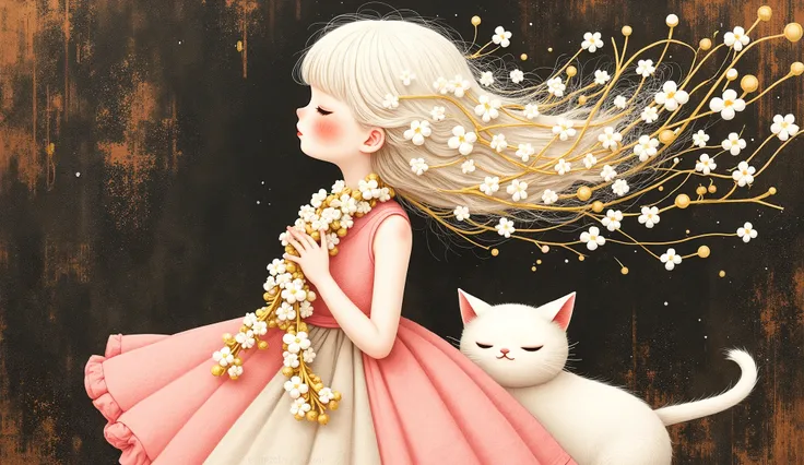 a girl (full body) in profile using a lei of white and gold flowers, her face is sweet and delicate, the wind makes her white hair fly and confuse with the small flowers of the lei, her dress fly with the wind too, and by her side is a small white cat, co...