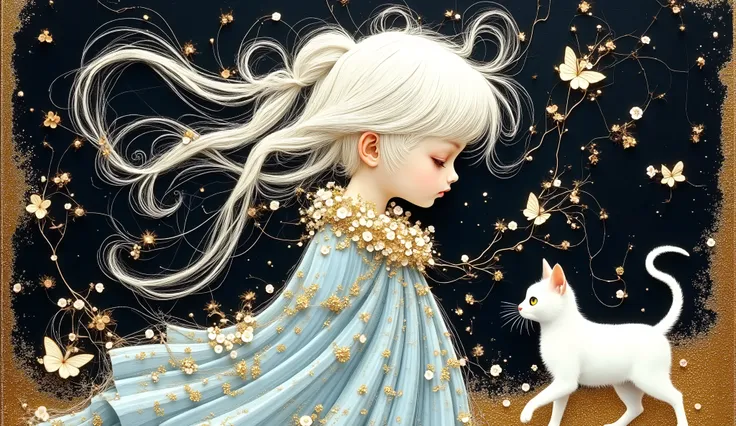 a girl (full body) in profile using a lei of white and gold flowers, her face is sweet and delicate, the wind makes her white hair fly and confuse with the small flowers of the lei, her dress fly with the wind too, and by her side is a small white cat walk...