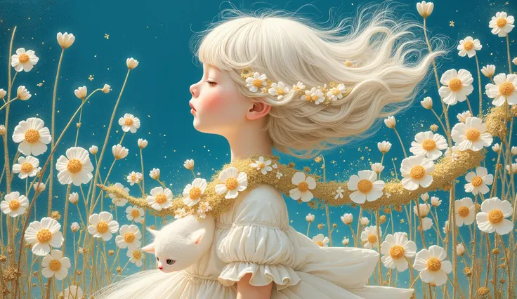 a girl (full body) in profile using a lei of white and gold flowers, her face is sweet and delicate, the wind makes her white hair fly and confuse with the small flowers of the lei, her dress fly with the wind too, and by her side is a small white cat walk...