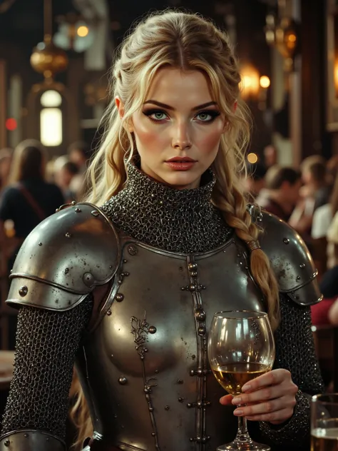 A human woman with the severe beauty of a burned-out therapist — ash-blond hair tied back, sharp green eyes constantly evaluating, measuring. She wears chainmail reinforced with plate armor, every movement precise, controlled. There is kindness in her face...