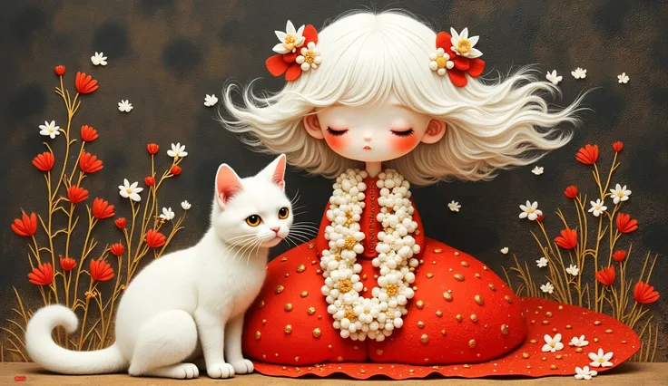 a girl (full body) sitting with her white cat, both using a lei of white and gold flowers, her face is sweet and delicate, the wind makes her white hair fly and confuse with the small flowers of the lei, her dress fly with the wind too, color palette: re...