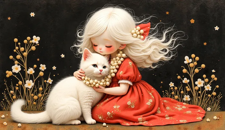 a girl (full body) sitting with her white cat, both using a lei of white and gold flowers, her face is sweet and delicate, the wind makes her white hair fly and confuse with the small flowers of the lei, her dress fly with the wind too, color palette: re...