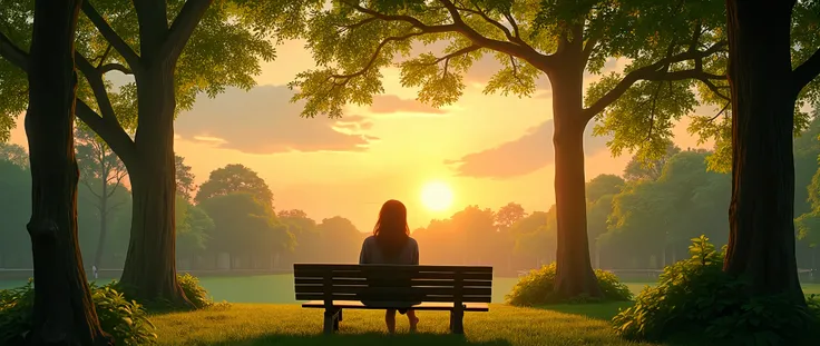 Cartoon film; Romance scene from 1969; beauty and life scenery. Beautiful Central Park at dawn; beauty of New York. A relaxed young woman, looking at the sky, sitting on a bench in Central Park (wide view), trees full of leaves.  The scene is ultra-detaile...