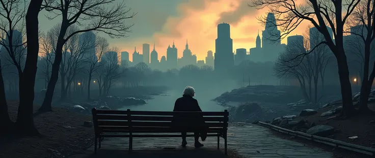 Cartoon movie; Sad post-war scene in the year 2029; scene of devastation. Central Park destroyed; rubble of New York city destroyed in the background, destroyed buildings with smoke coming out of some buildings; some destroyed buildings. A very old lady, r...