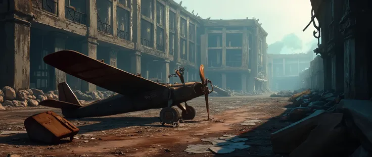 In the middle of a deserted street, in a city completely devastated by war, lies the remains of a military plane from World War I. The fuselage is charred, partially destroyed, with twisted pieces of metal scattered across the cracked asphalt. Flames still...