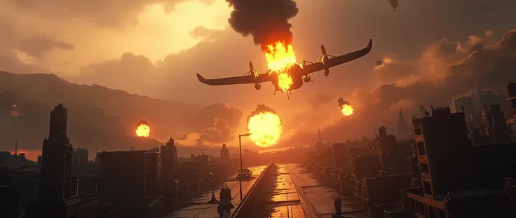 A badly damaged World War II military plane plummets into freefall over a city devastated by war. Its wings are on fire, pieces of the fuselage fly off in midair, and a thick trail of smoke marks its path across the sky filled with ash and chaos.

Below, t...