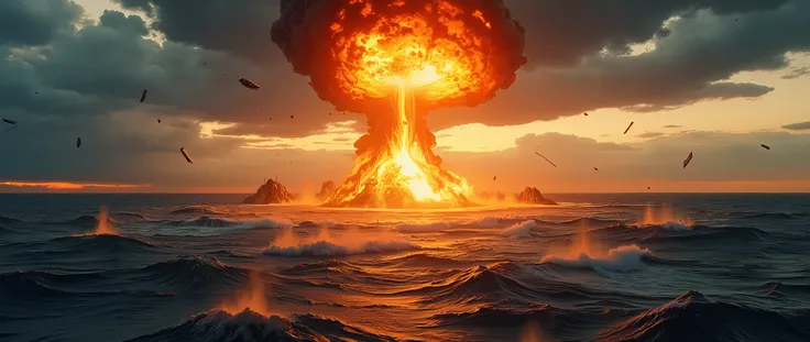 Dramatic scene in the middle of the ocean, under a sky partially obscured by dark clouds. In the center of the image, a huge explosion erupts from the water, creating a mushroom-shaped column of fire and smoke—similar to a nuclear detonation. The base of t...