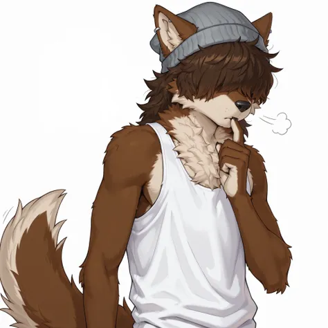 Masterpiece, best quality, absurd res, newest, anthro, solo, an anthro furry male wolf, masculine male, brown fur, shaggy brown hair, hair over eyes, messy hair, messy bangs, fluffy fur, wearing only grey beanie, countershading, black nose, ear piercings,...