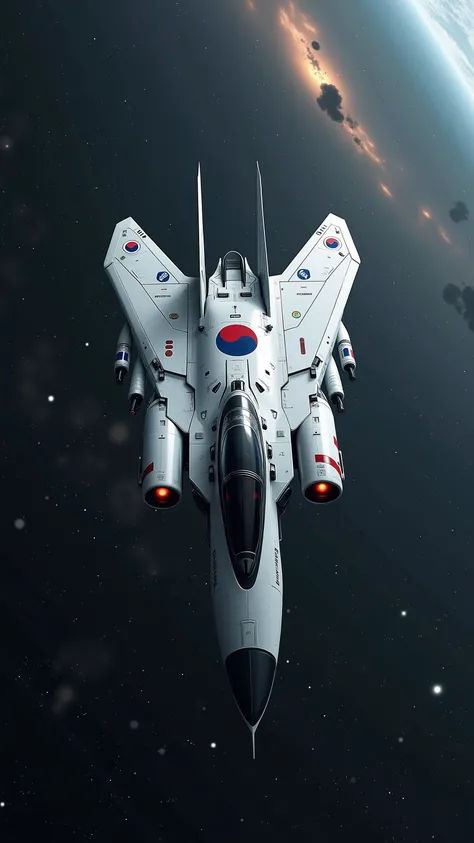 A futuristic space fighter jet flying in deep space, featuring a sleek white metallic body with a single large red and blue Taegeuk symbol prominently displayed on the top. The rest of the ship is clean and minimal, with no additional markings or patterns....