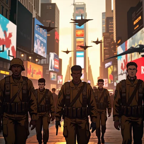 US American soldiers marching in the streets of Times Square. American Air Force fighter jets in the skies., complex clothing textures, warm lighting, photorealistic, cinematic composition, vibrant colors, depth of field (best quality, 8k, high resolution,...