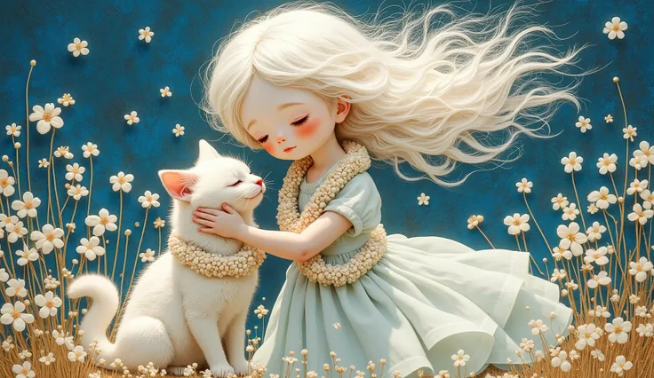 a girl (full body) play with her white cat, both using a lei of white and gold flowers, her face is sweet and delicate, the wind makes her white hair fly and confuse with the small flowers of the lei, her dress fly with the wind too, color palette: blue,...