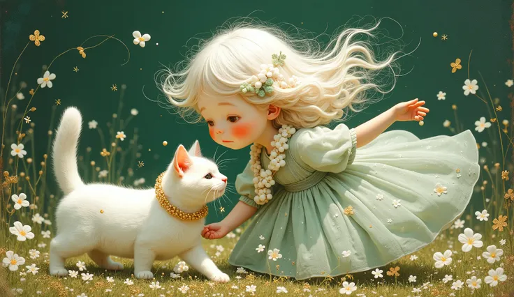 a girl (full body) play with her white cat, both using a lei of white and gold flowers, her face is sweet and delicate, the wind makes her white hair fly and confuse with the small flowers of the lei, her dress fly with the wind too, color palette: green...