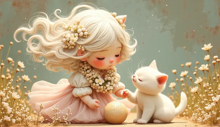 a girl (full body) plays with a ball with her white cat, both using a lei of white and gold flowers, her face is sweet and delicate, the wind makes her white hair fly and confuse with the small flowers of the lei, her dress fly with the wind too, color p...