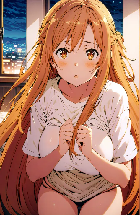 score_9, score_8_up, score_7_up, source_anime,  Asuna Yuki , long hair, bungs, Hair,brown eyes in the bedroom,Big Breasts,half updo,oversized t-shirt,black string panties,Bare legs,lift shirt with both hands,standing, Beautiful Streetscapes, beautiful nigh...