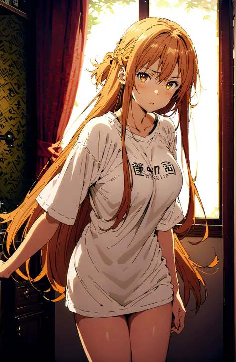 score_9, score_8_up, score_7_up, source_anime,  Asuna Yuki , long hair, bungs, Hair,brown eyes in the bedroom,Big Breasts,half updo,oversized t-shirt,black string panties,Bare legs,standing, Beautiful Streetscapes, beautiful night view with depth,embarrass...