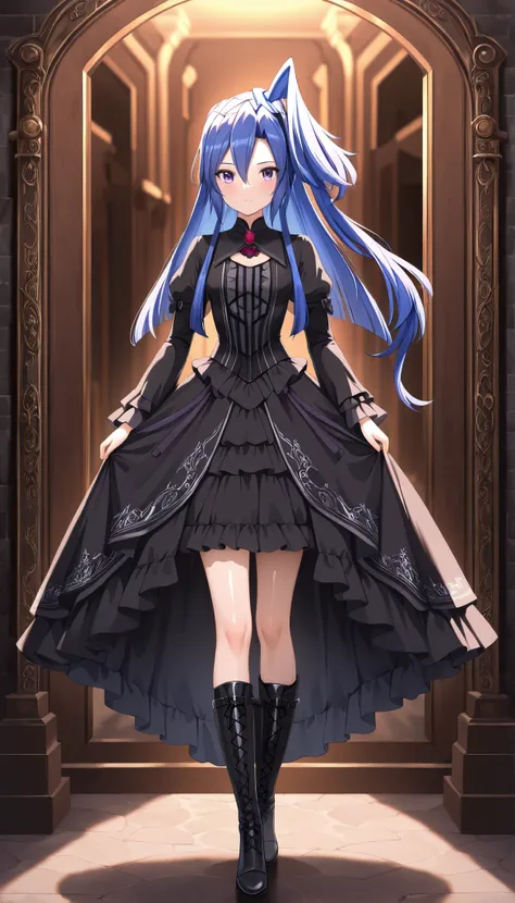 masterpiece, best quality, amazing quality, very aesthetic, absurdres, newest,shiny skin,  Kazanari Tsubasa,  blue_hair purple eyes,  one side up, woman wearing dress and boots , baroque dress, wearing a detailed steampunk dress, elegant gothic princess, v...