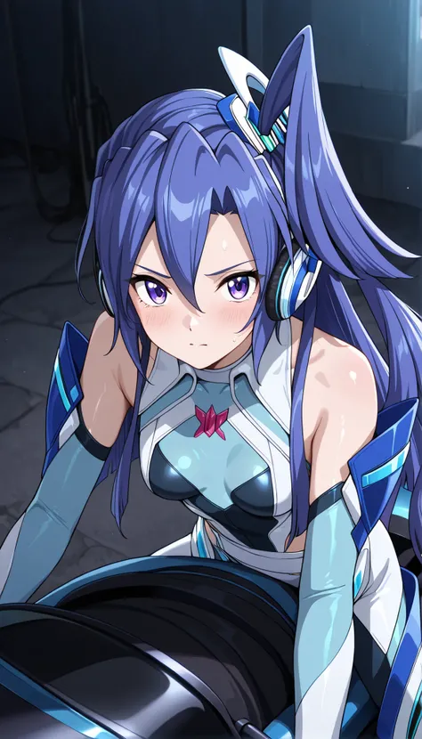 masterpiece, best quality, amazing quality, very aesthetic, absurdres, newest,shiny skin,  Kazanari Tsubasa,  blue_hair purple eyes,  one side up,  1 lady is putting hand on her under breast and legs, she is wearing sheer angelic cyber costume , Collar tie...