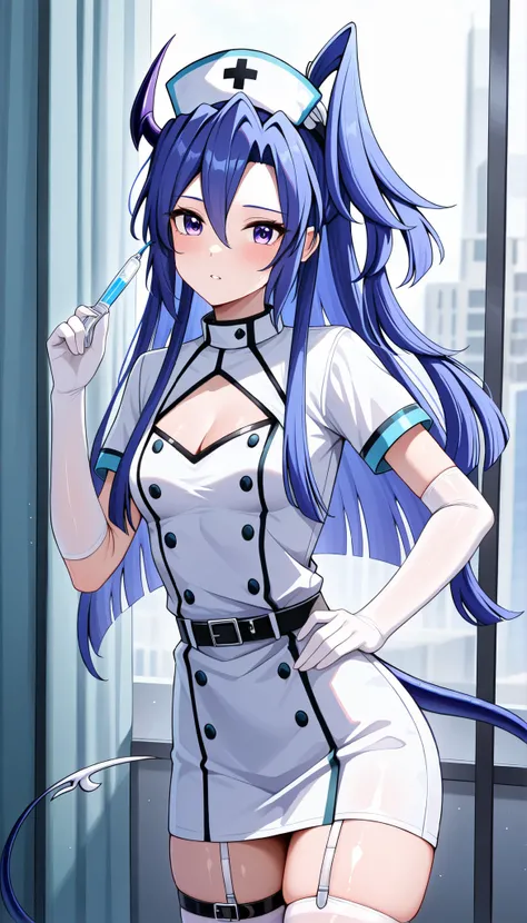 masterpiece, best quality, amazing quality, very aesthetic, absurdres, newest,shiny skin,  Kazanari Tsubasa,  blue_hair purple eyes,  one side up, ruanyi0835,belt,cleavage cutout,demon horns,demon tail,demon wings,elbow gloves,nurse,nurse cap,short sleeves...