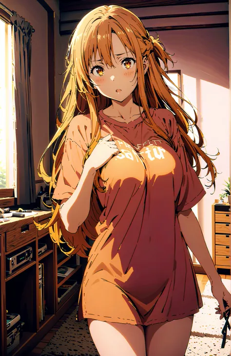score_9, score_8_up, score_7_up, source_anime,  Asuna Yuki , long hair, bungs, Hair,brown eyes in the bedroom,Big Breasts,half updo,oversized t-shirt,black string panties,Bare legs,standing, Beautiful Streetscapes, beautiful night view with depth,embarrass...