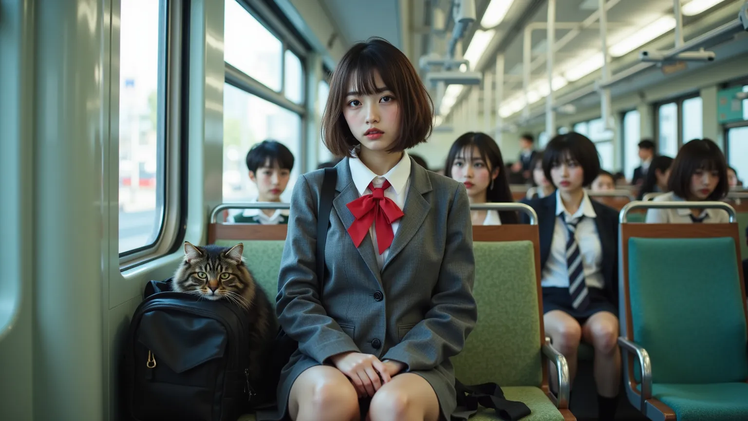 ultra-realistic, photorealistic, dramatic scene, global-illumination, Japanese high school student girl, very beautiful fragile Japanese girl, boyish cool face with sporty atmosphere, (very large breasts), slim waist, (wearing a gray colored Japanese high school cute uniform of white shirt with blazer and skirt, red ribbon), she is holding a backpack in front of her, adorable large cat is hiding in the backpack and peeking its face, (very large breasts), (she is sitting on the seat in the commuter train), there are some trees and large mountain and tall building outside, Crowded with commuters and passengers on the stylish Japanese train, bright and Stylish and comfortable train seat with facilities, stylish comfortable light green intricated patterned fabric train seat,