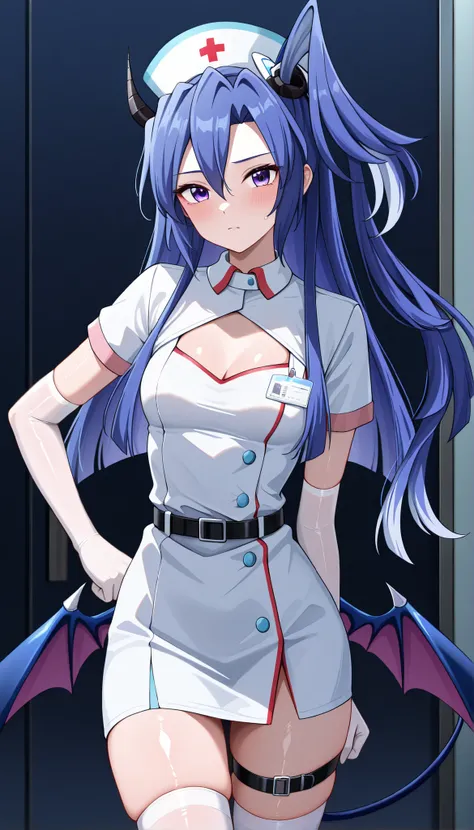 masterpiece, best quality, amazing quality, very aesthetic, absurdres, newest,shiny skin,  Kazanari Tsubasa,  blue_hair purple eyes,  one side up, ruanyi0835,belt,cleavage cutout,demon horns,demon tail,demon wings,elbow gloves,nurse,nurse cap,short sleeves...
