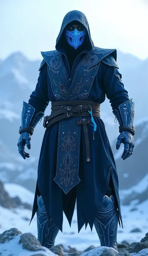The image shows an imposing and icy sub-zero Mortal Kombat figure, with a character wearing a dark blue combat suit, covered in ice. The Mask, that covers the entire face, has details in blue and ice, with some ice drops falling from the ends. The setting ...