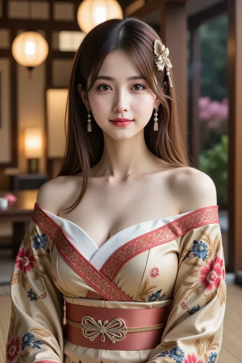 firm and big breasts, cleavage, gold hair, A realistic photographic composition framed from just below the shoulder of a female subject seated on a woven tatami mat veranda inside a traditional Japanese tea house, ensuring her entire head is fully visible ...