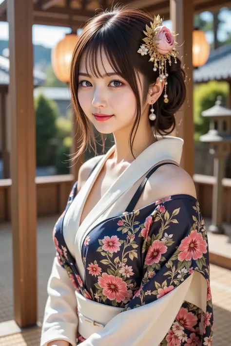 firm and big breasts, cleavage, A realistic photographic composition framed from just below the shoulder of a female subject seated on a woven tatami mat veranda inside a traditional Japanese tea house, ensuring her entire head is fully visible within the ...