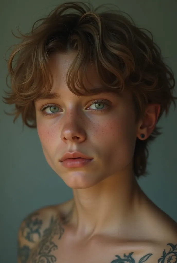artbreeder + 19-year-old boy, greenish eyes, with an average physique, alto, com 1,79,  with medium hair, light brown, with some body tattoos