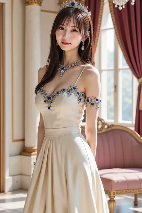 firm and big breasts, cleavage, A realistic photographic composition framed from just below the shoulders of a female subject standing in a grand royal reception hall, ensuring her entire head is fully visible within the frame without any cropping. She wea...